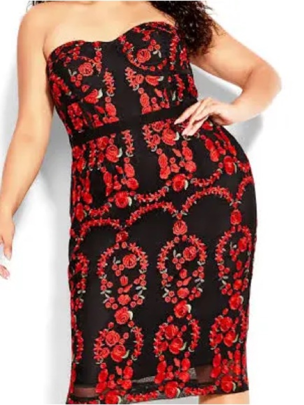 strapless corset, dark floral wiggle dress